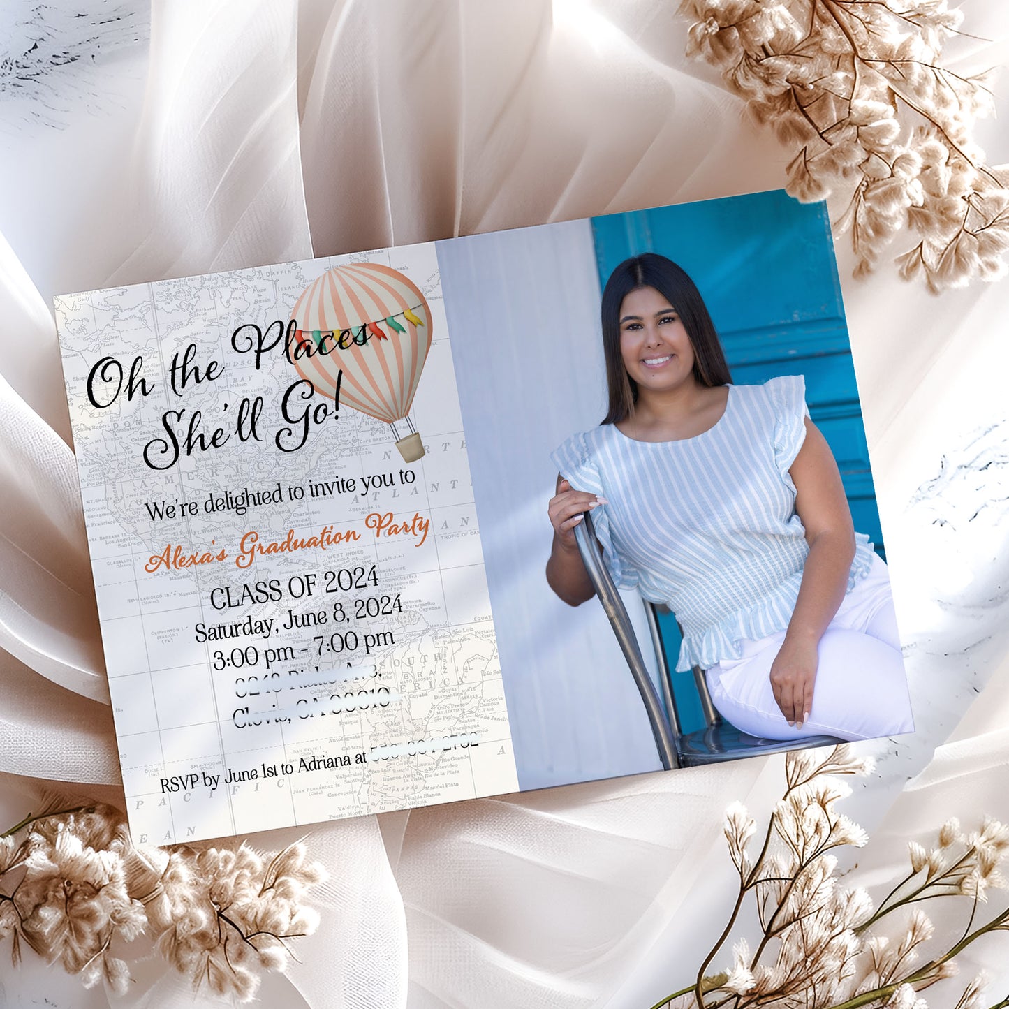 Oh the Places You'll Go Pink Hot Air Balloon Photo Graduation Invitation
