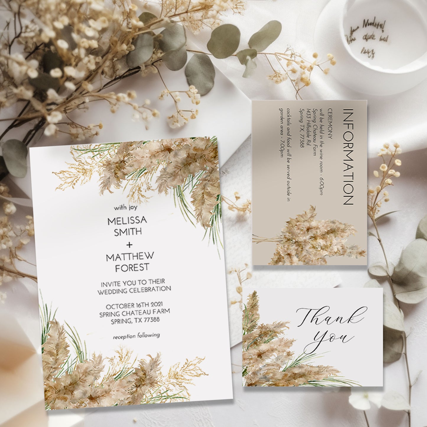 Pampas Grass Wedding Invitation Suite