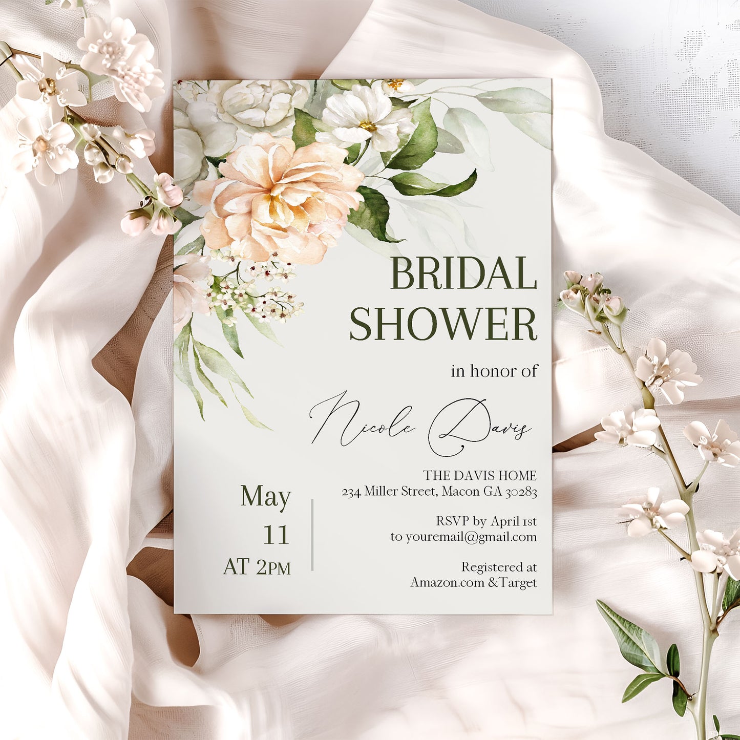 Peach Floral Forest Green Bridal Shower Invitation