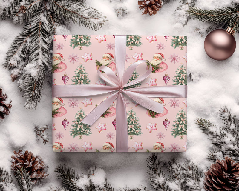 Pink Santa and Christmas Tree Wrapping Papers