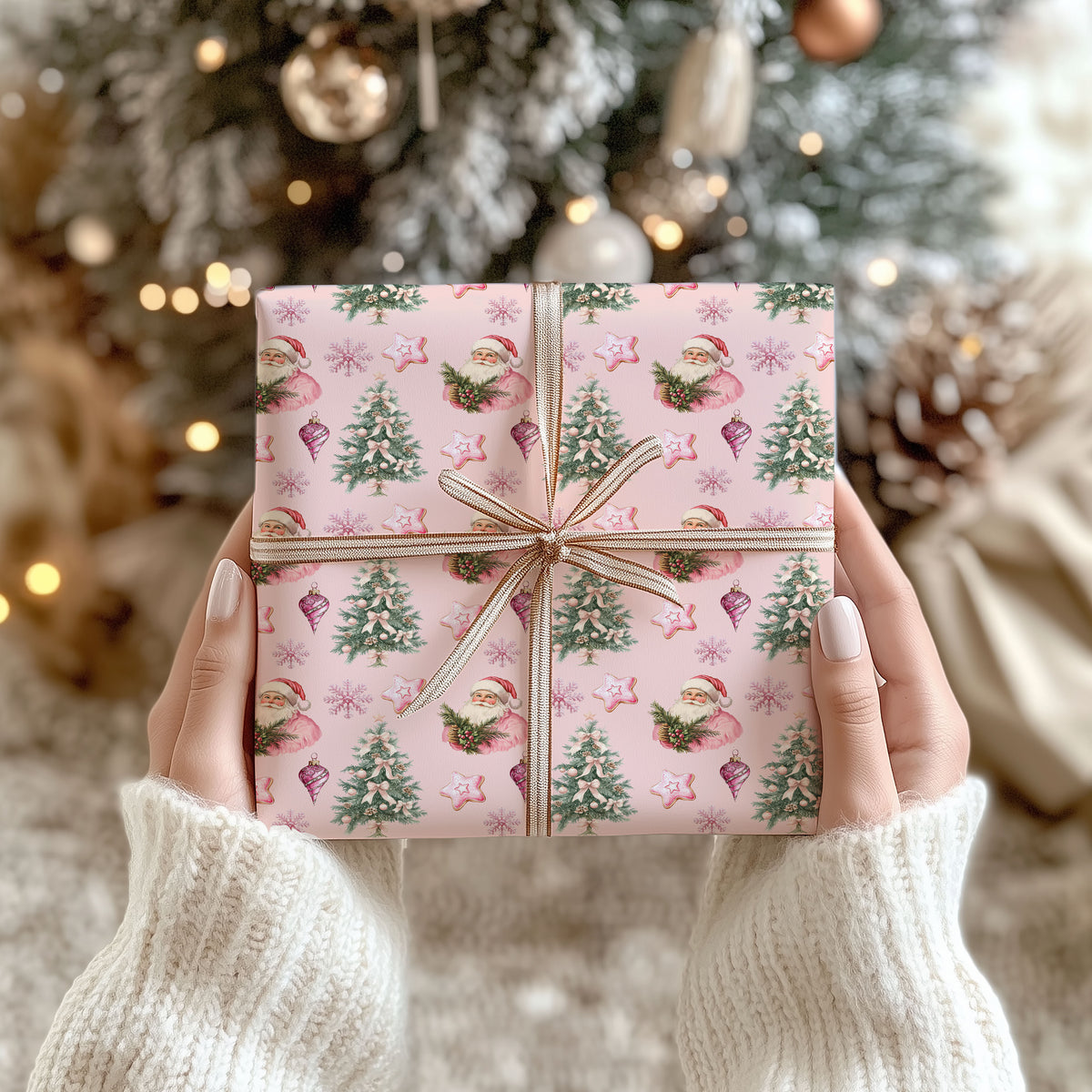 Pink Santa and Christmas Tree Wrapping Papers