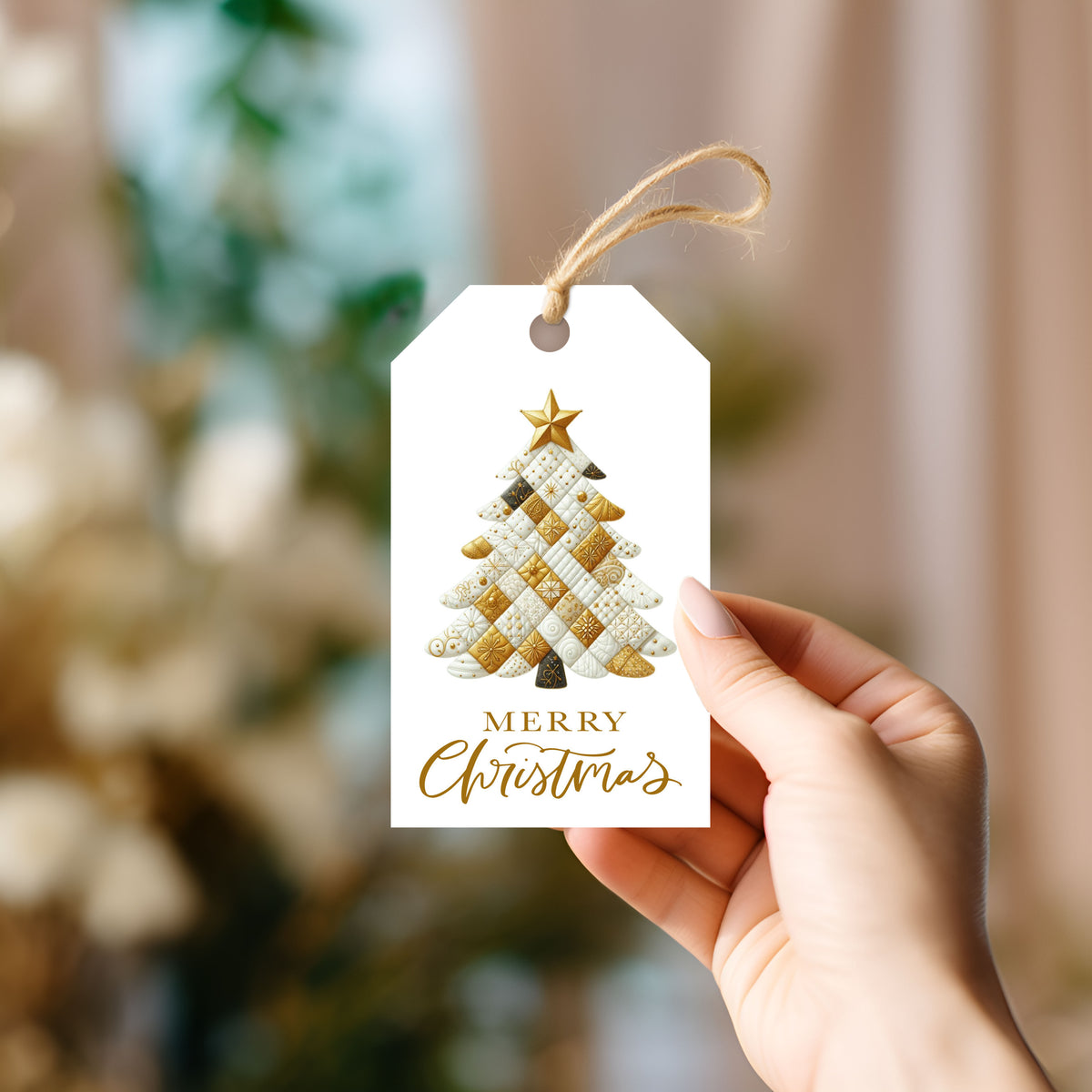 Quilted Gold Christmas Tree Gift Tag