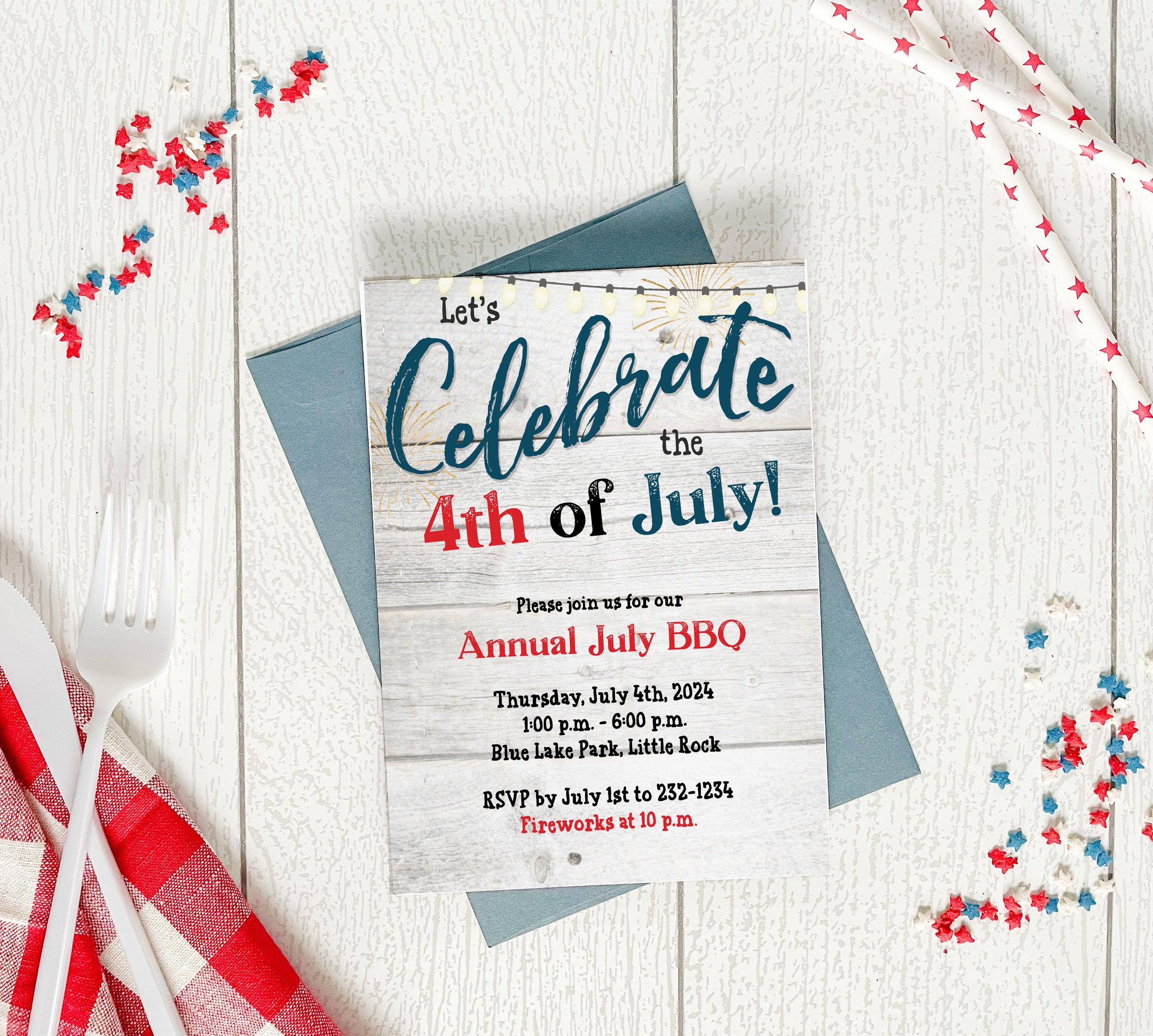 Rustic Wood BBQ & Fireworks Fourth of July Invitation