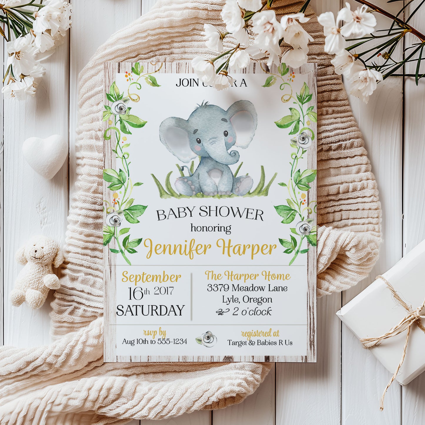 Rustic Elephant Baby Shower Invitation
