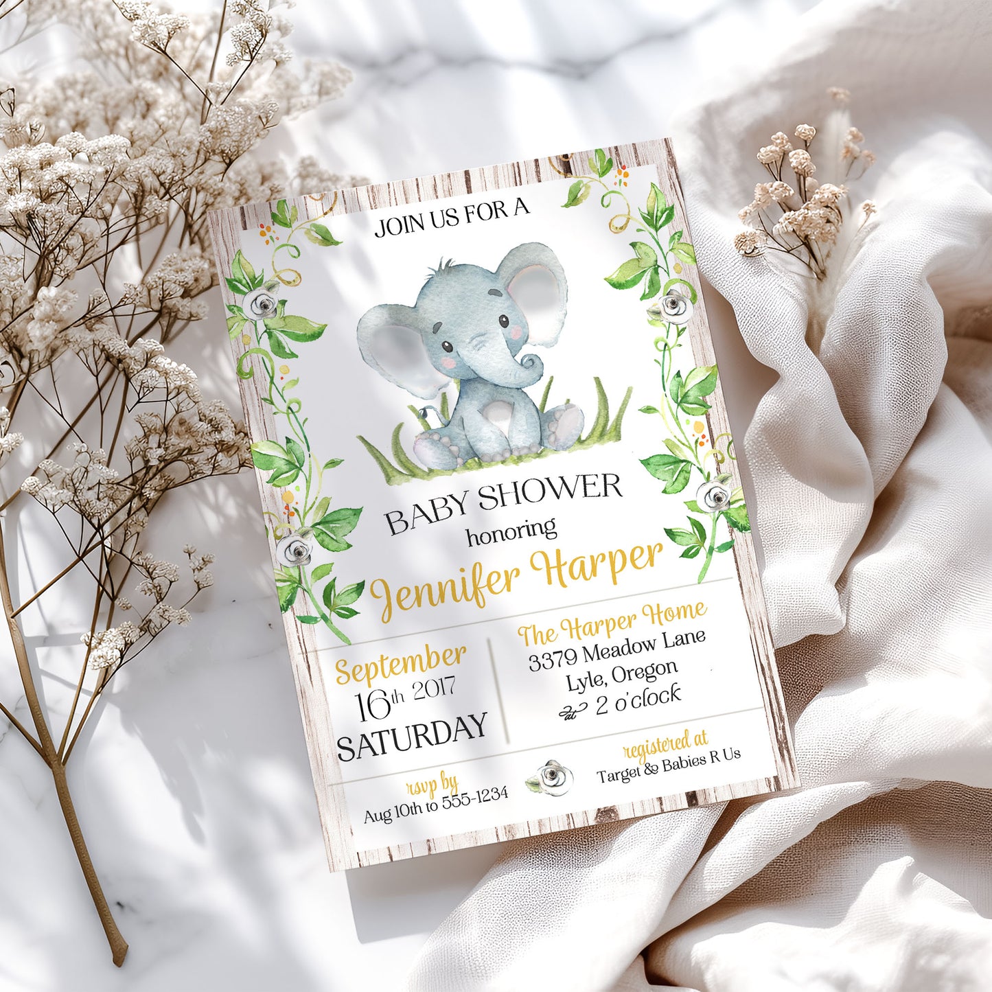 Rustic Elephant Baby Shower Invitation