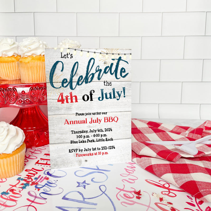 Rustic Wood BBQ & Fireworks Fourth of July Invitation