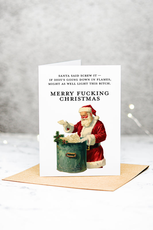 Card with Santa Claus and humorous text on a gray background