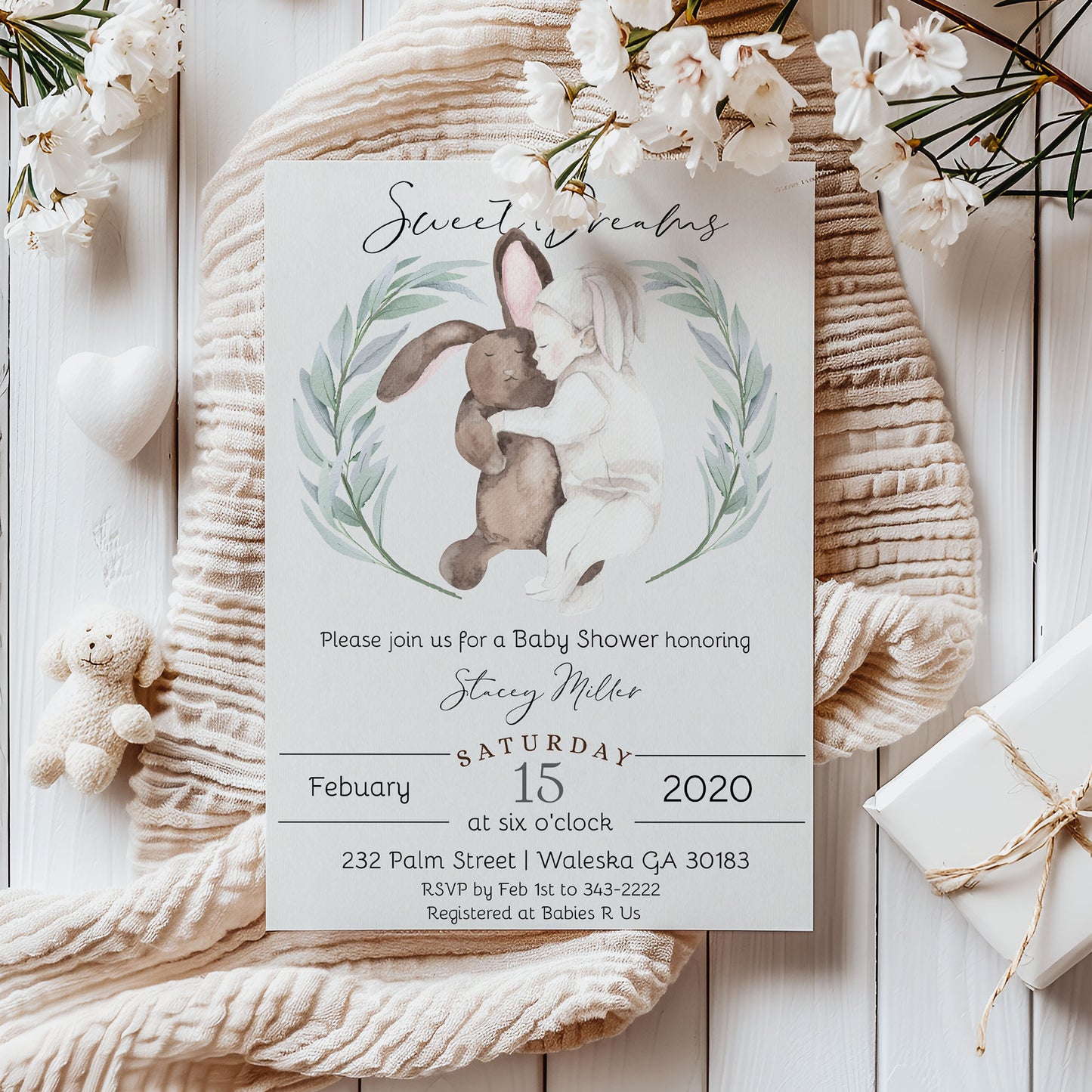 Sweet Dreams Bunny Baby Shower Invitation