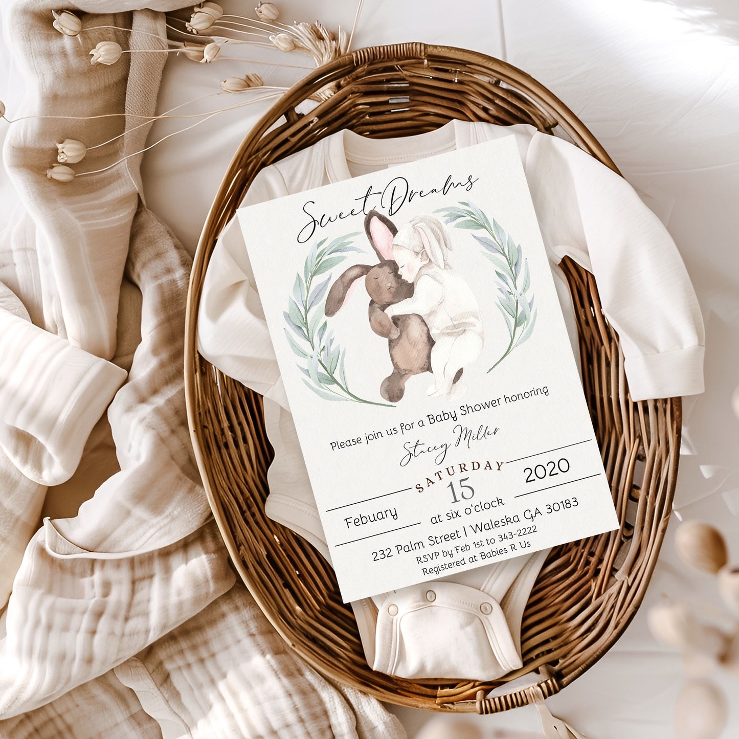 Sweet Dreams Bunny Baby Shower Invitation