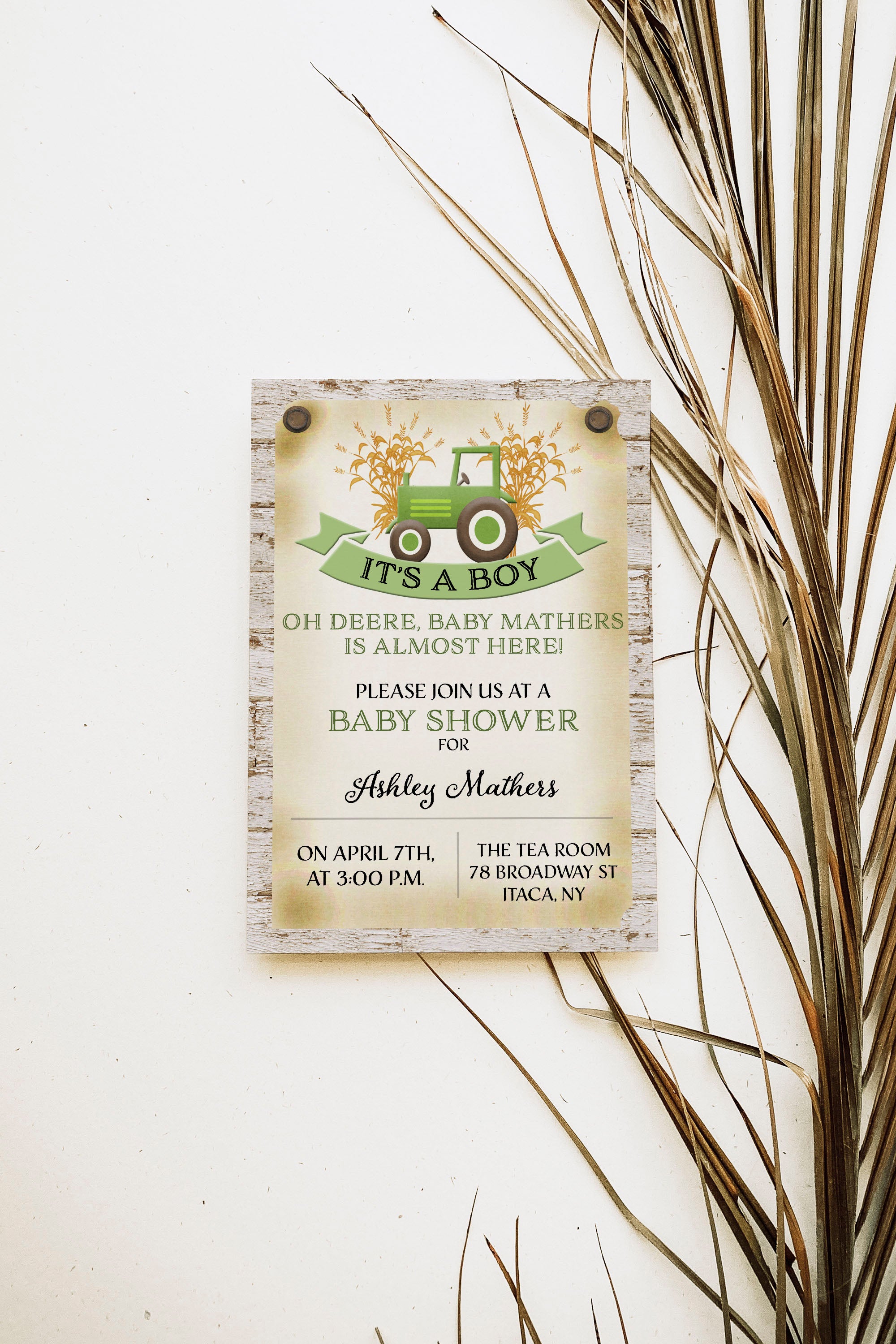 Green Tractor Farm Baby Shower Invitation