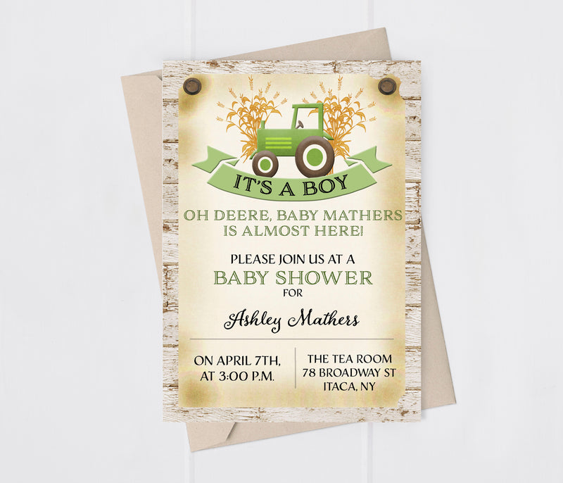 Green Tractor Farm Baby Shower Invitation