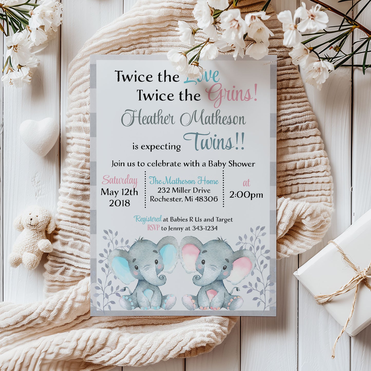 Twin Elephant Baby Shower Invitation