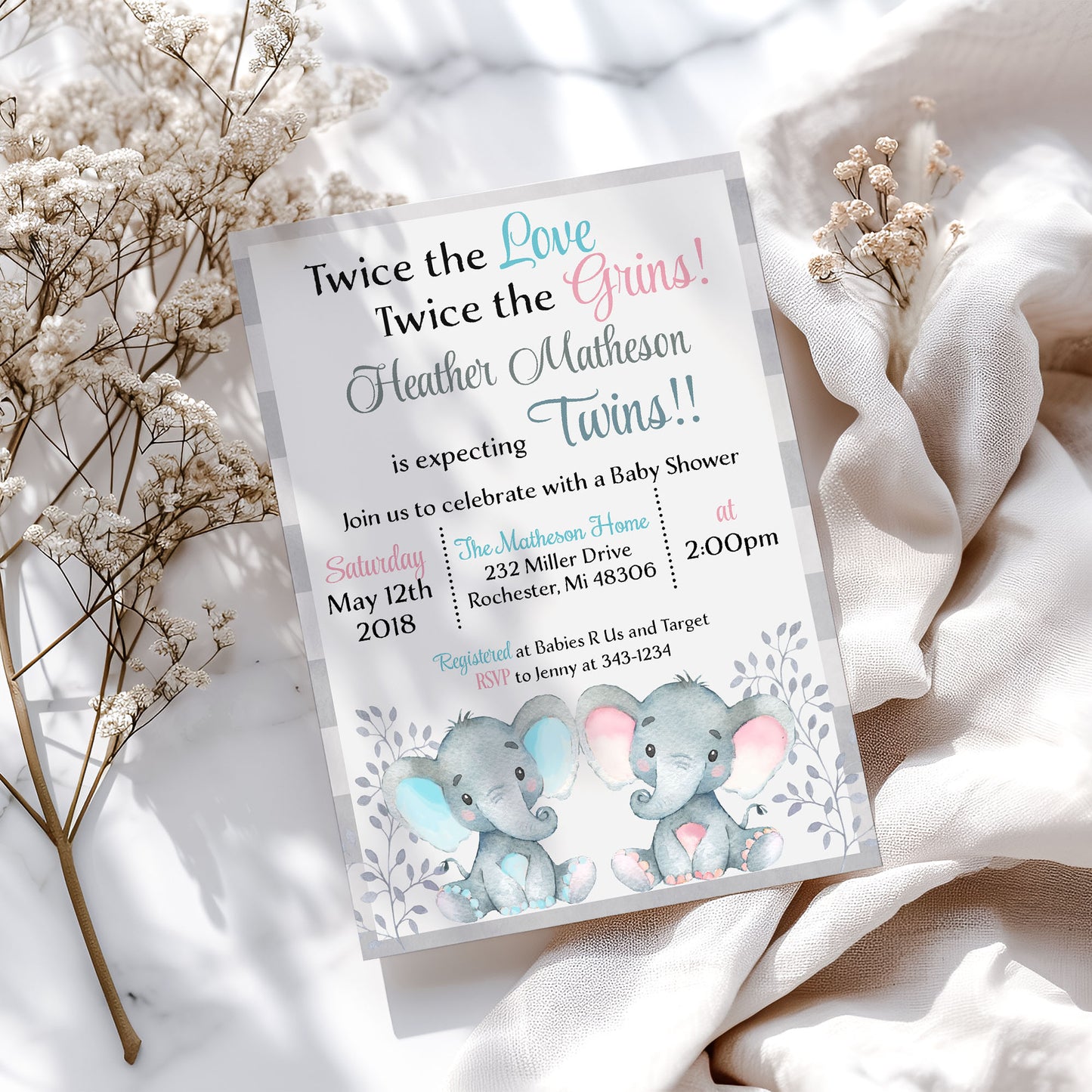 Twin Elephant Baby Shower Invitation