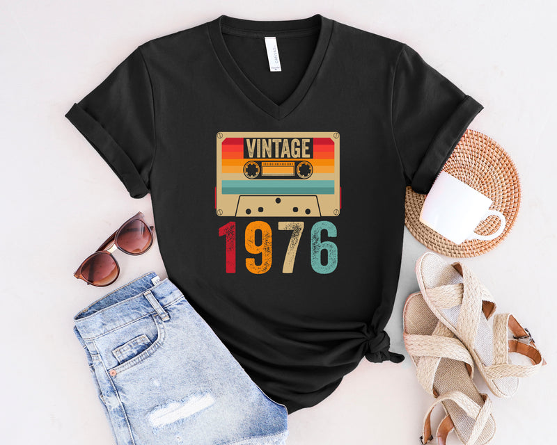 Vintage 1976 Cassette Tape Short Sleeve V-Neck T-Shirt