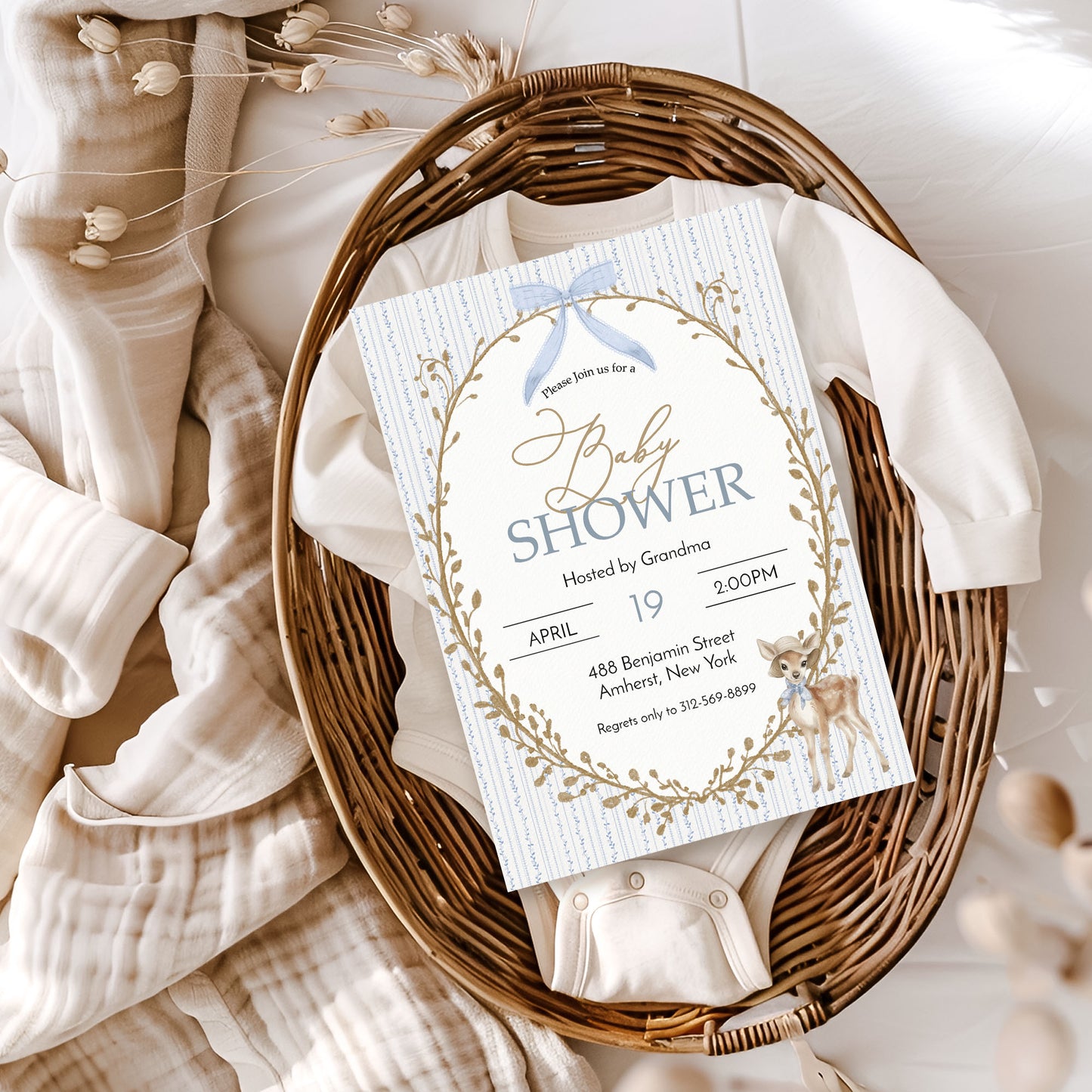 Vintage Deer Blue Baby Shower Invitation