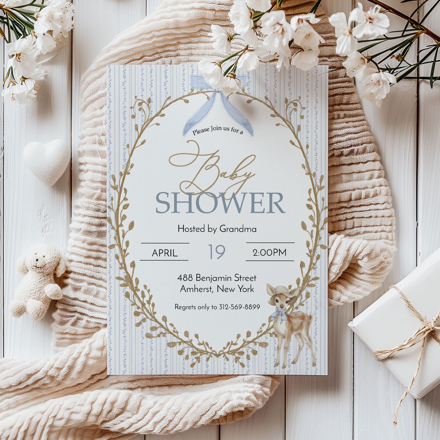 Vintage Deer Blue Baby Shower Invitation