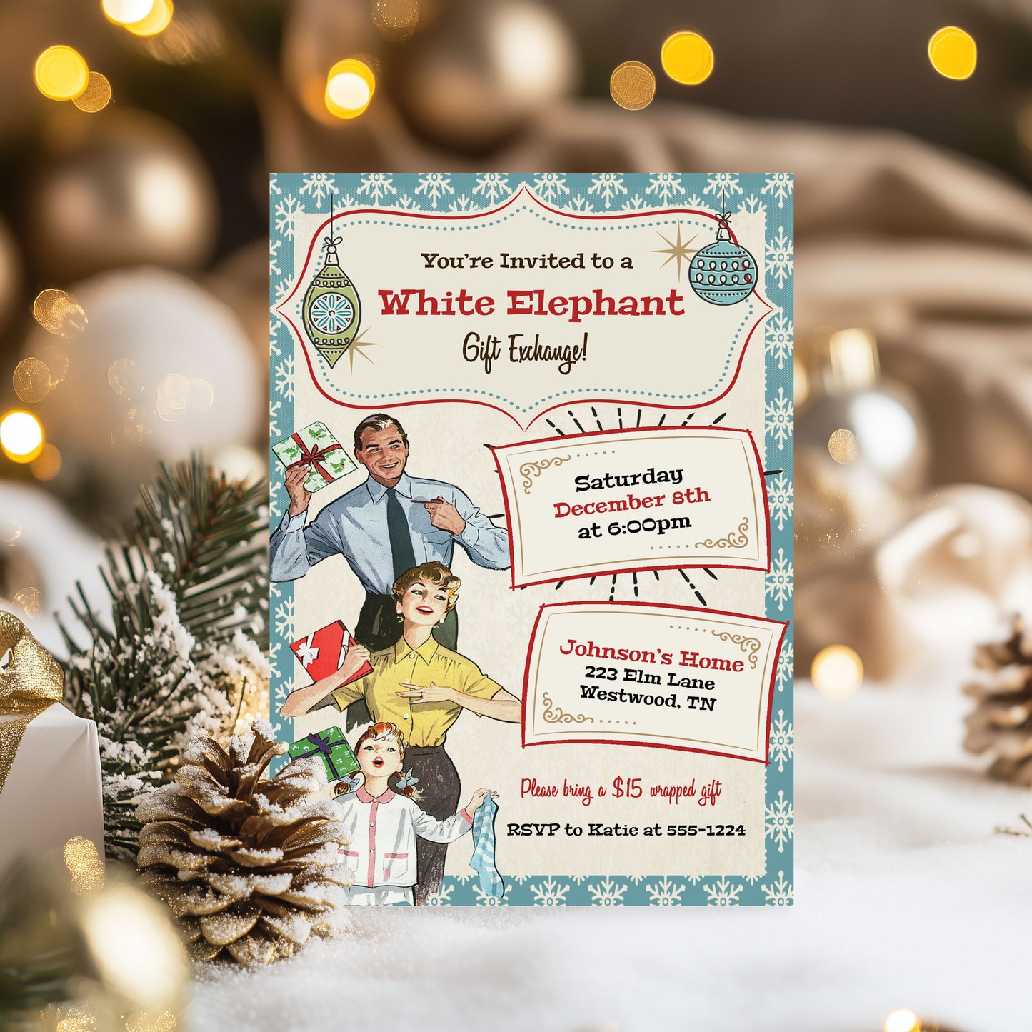 Vintage Family Fun White Elephant Christmas Invitation