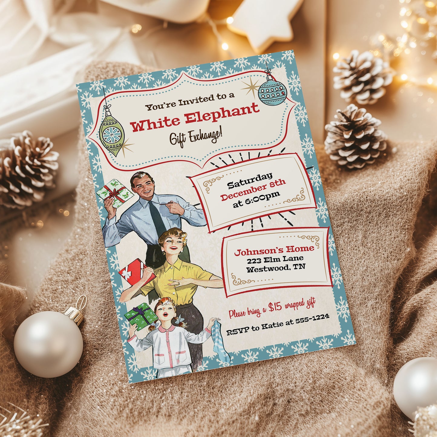 Vintage Family Fun White Elephant Christmas Invitation