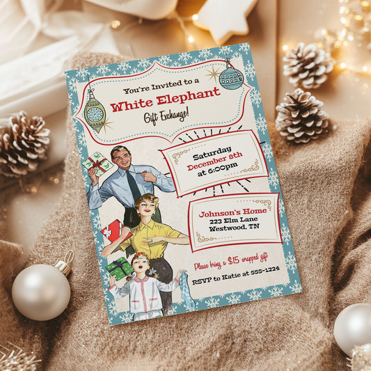 Vintage Family Fun White Elephant Christmas Invitation