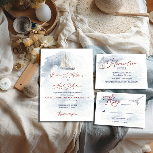 Watercolor Nautical SailBoat Wedding Invitation