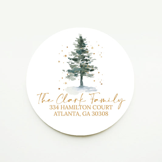 Gold Watercolor Christmas Tree Return Address Sticker