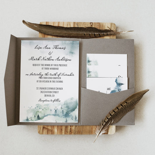 Watercolor Mountain Forest Wedding Invitation