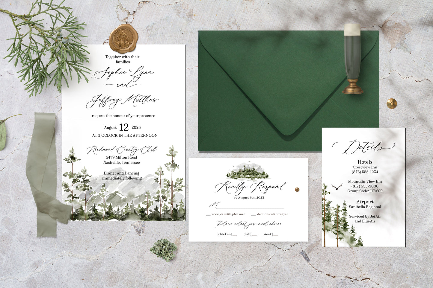 Watercolor Woodland Mountain Wedding Invitation
