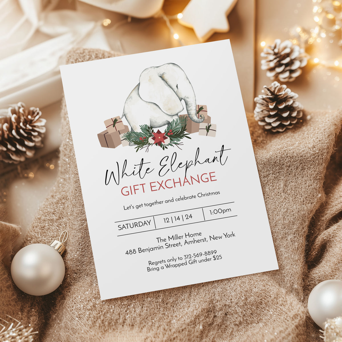 Fun White Elephant Christmas Invitation