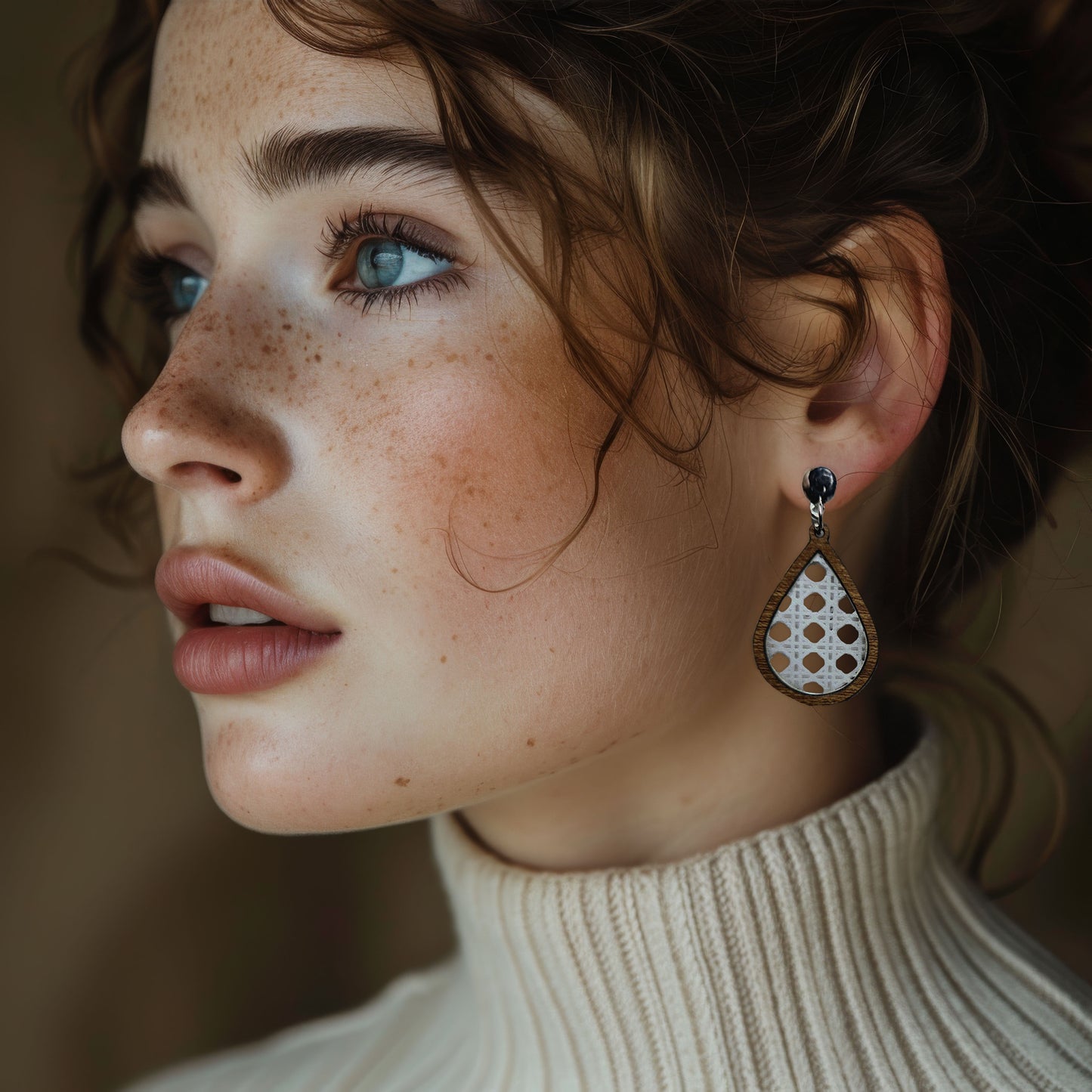 White Lattice Wood Inlay Teardrop Earrings