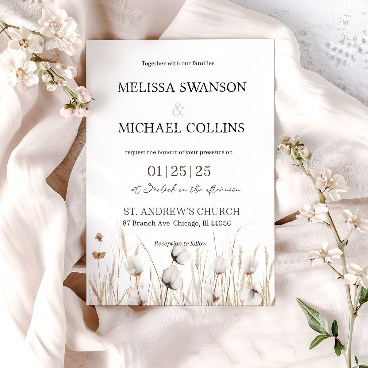 Watercolor Cotton Boho Wedding Invitation Suite