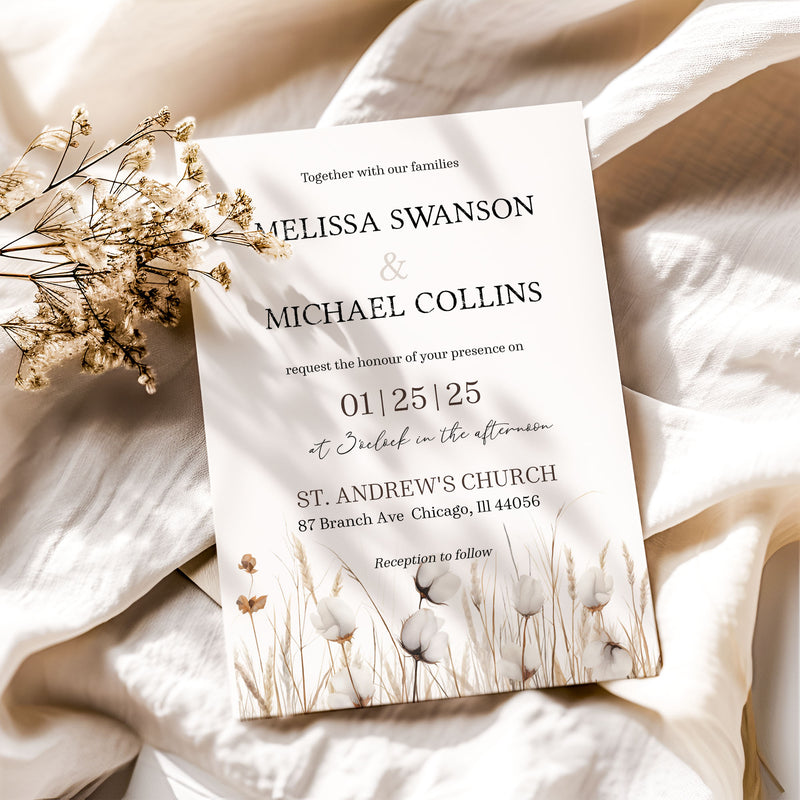 Watercolor Cotton Boho Wedding Invitation Suite