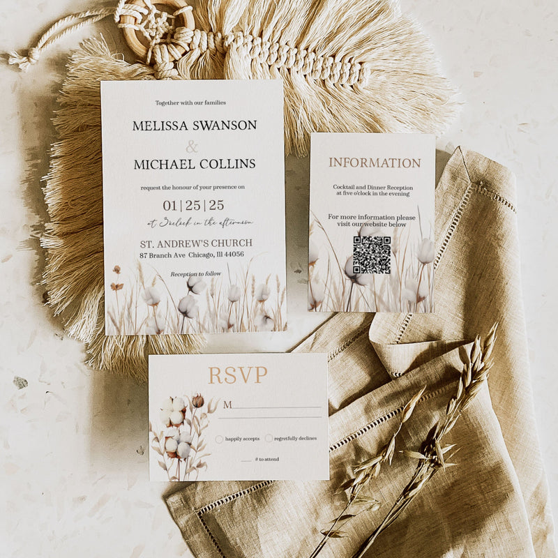 Watercolor Cotton Boho Wedding Invitation Suite