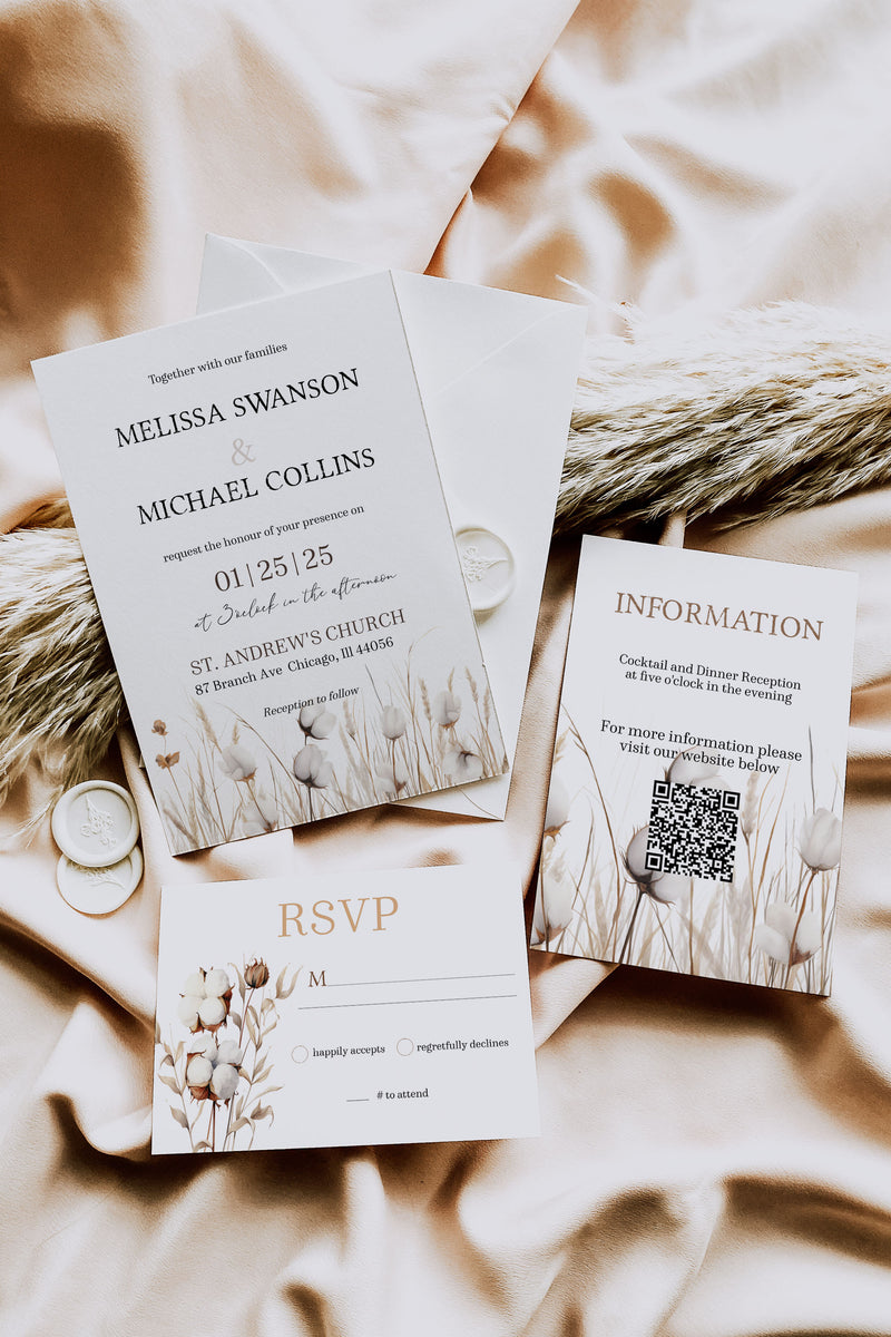 Watercolor Cotton Boho Wedding Invitation Suite