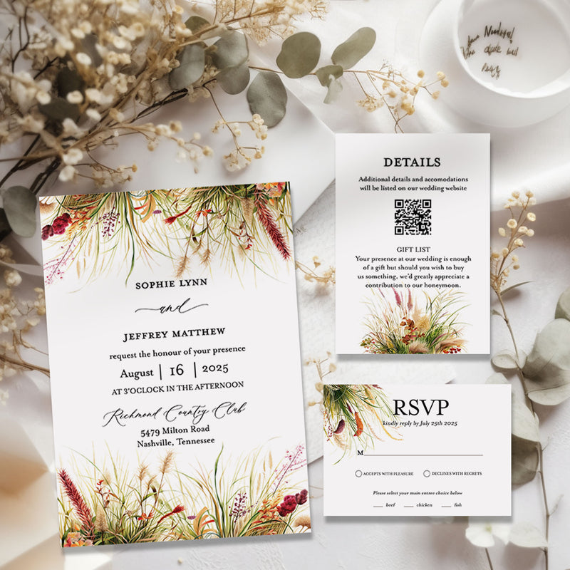 Wild Grass Boho Wedding Invitation Suite