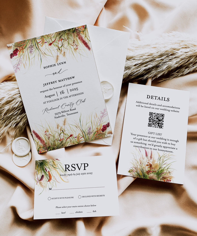 Wild Grass Boho Wedding Invitation Suite