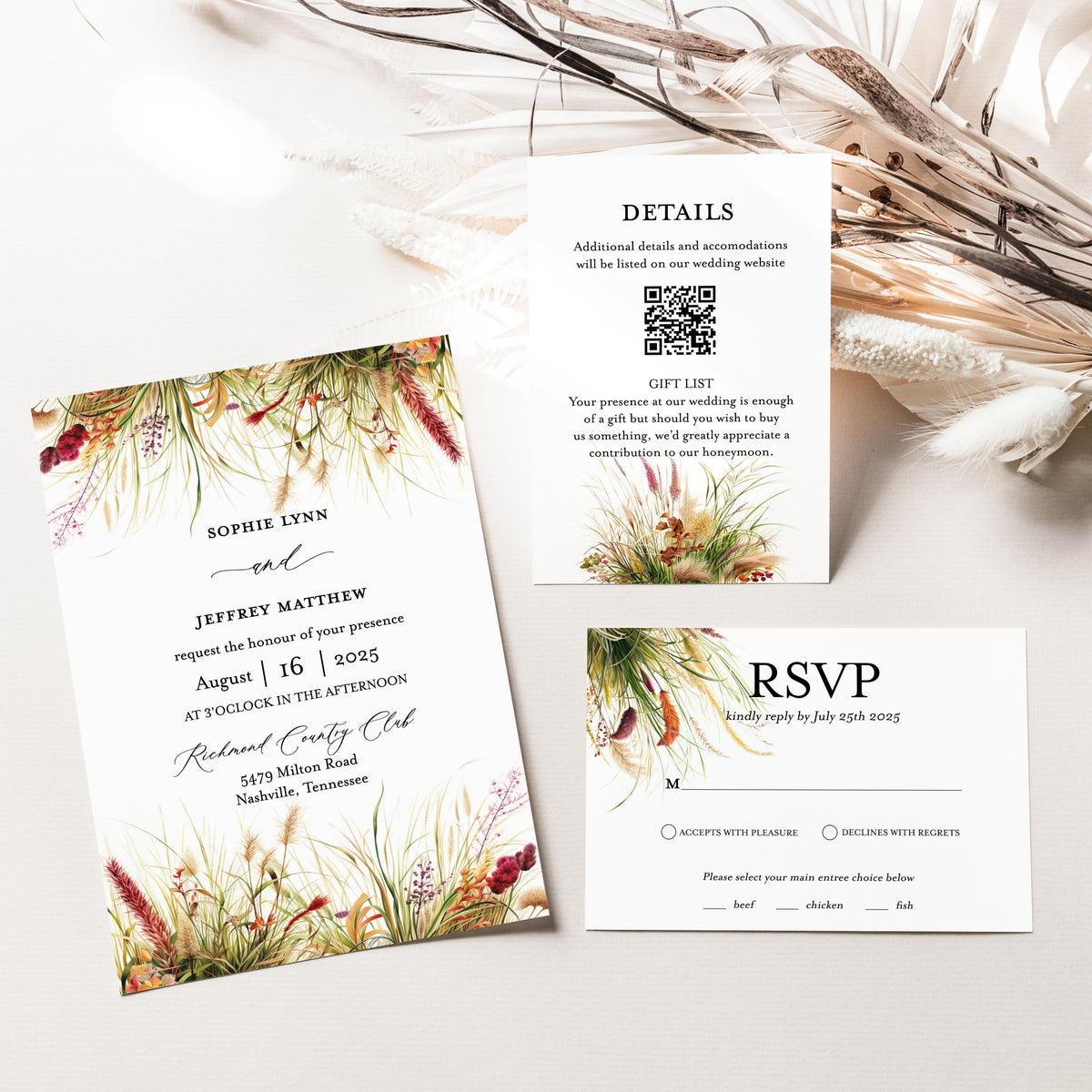 Wild Grass Boho Wedding Invitation Suite