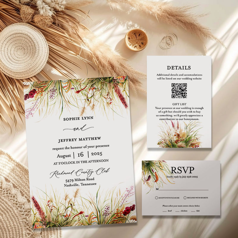 Wild Grass Boho Wedding Invitation Suite