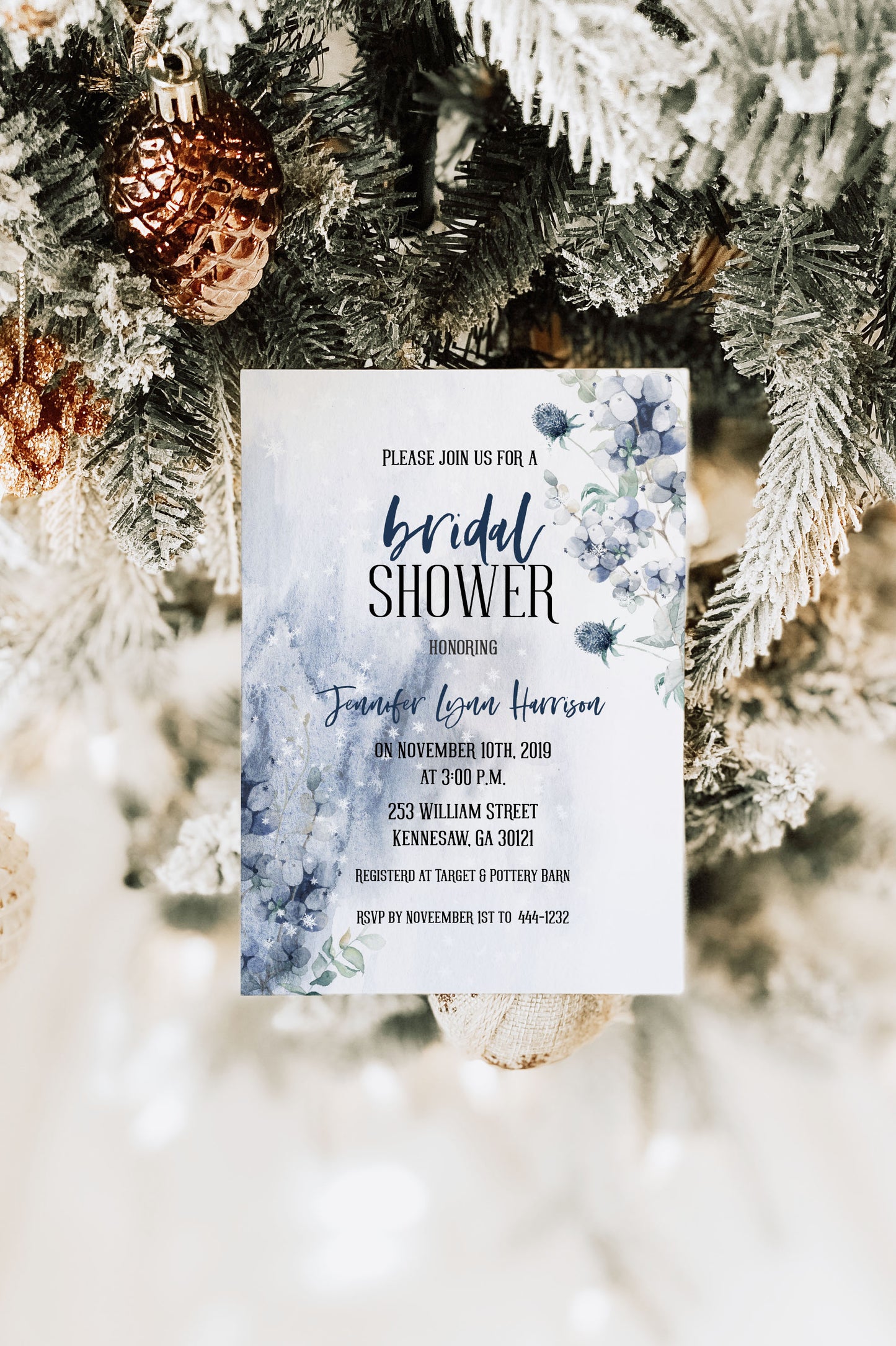 Blue Floral Winter Bridal Shower Invitation