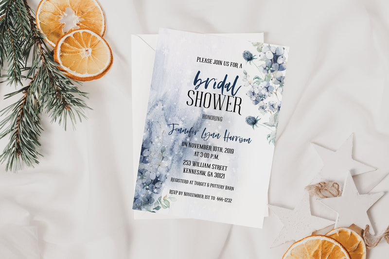 Blue Floral Winter Bridal Shower Invitation