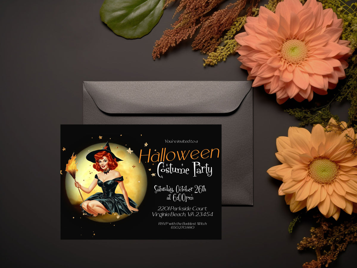 Witch with Full Moon Halloween Invitation