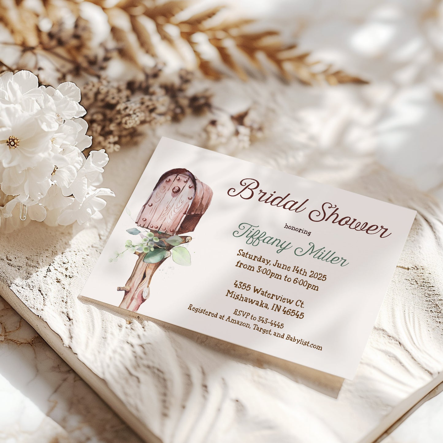 Country Wood Mailbox and Greenery Bridal Shower Invitation