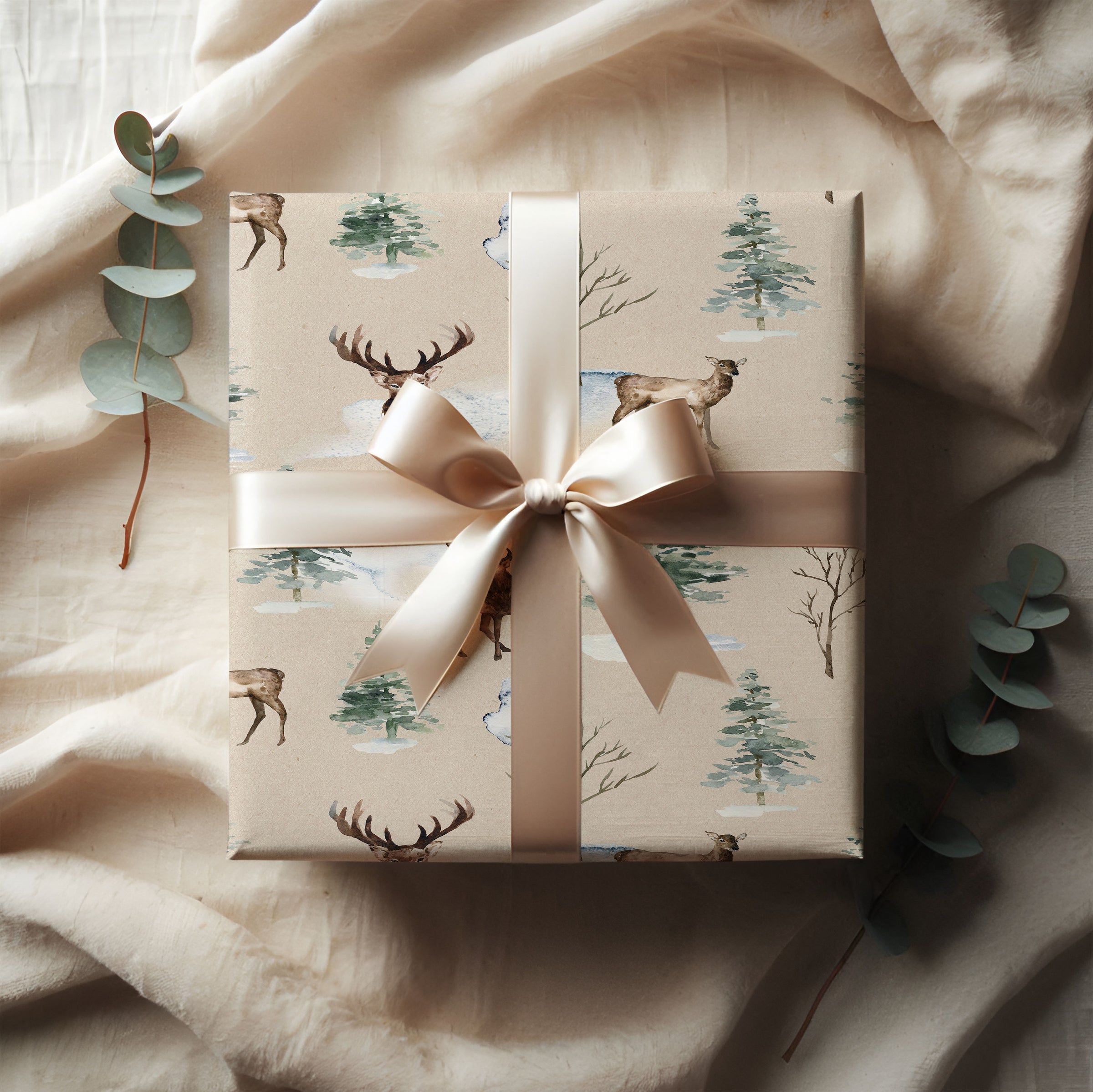 Watercolor Woodland Deer Christmas Wrapping Paper