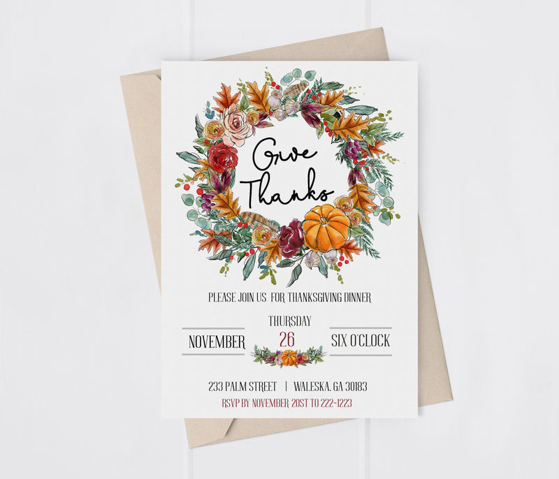 Thanksgiving Floral Wreath Invitation