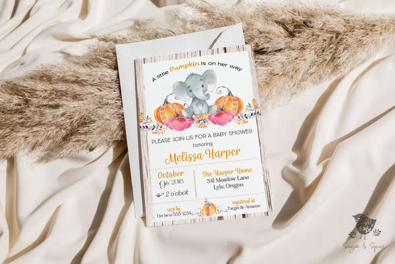 A little Pumpkin Elephant Baby Shower Invitation - Premium Paper & Party Supplies > Paper > Invitations & Announcements > Invitations from Sugar and Spice Invitations - Just $1.95! Shop now at Sugar and Spice Paper