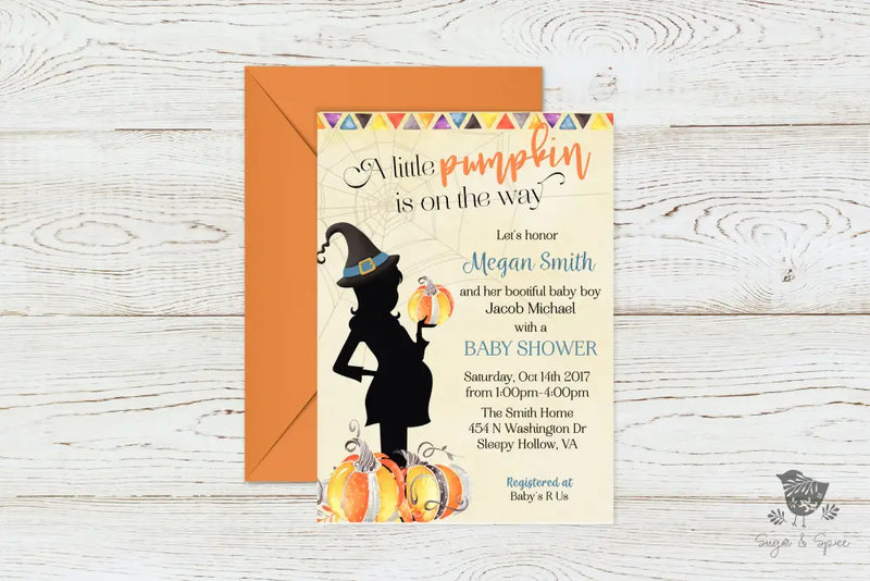 A little Pumpkin Halloween Witch Baby Shower Invitation - Premium Paper & Party Supplies > Paper > Invitations & Announcements > Invitations from Sugar and Spice Invitations - Just $1.95! Shop now at Sugar and Spice Paper