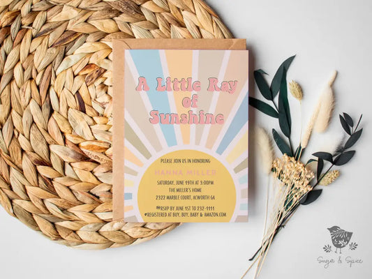 A Little Ray of Sunshine Groovy Baby Shower Invitation - Premium  from Sugar and Spice Invitations - Just $1.95! Shop now at Sugar and Spice Paper