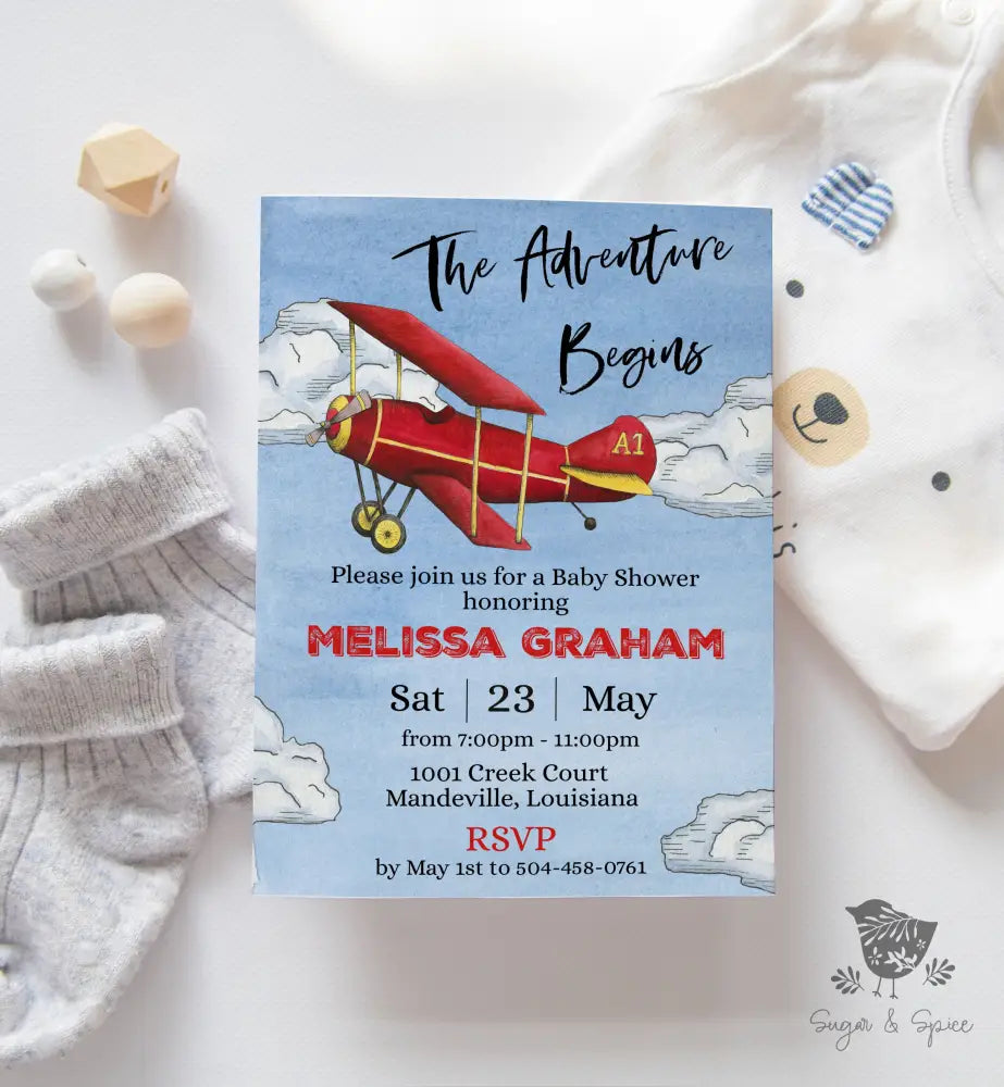Adventure Begins Airplane Baby Shower Invitation - Premium  from Sugar and Spice Invitations - Just $1.95! Shop now at Sugar and Spice Paper