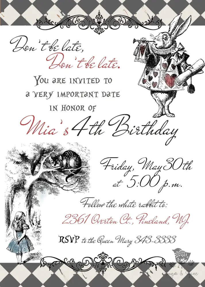 Alice In Wonderland Birthday Invitation Digital File