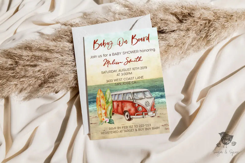 Baby on Board Red Surf Baby Shower Invitation - Premium  from Sugar and Spice Invitations - Just $1.95! Shop now at Sugar and Spice Paper