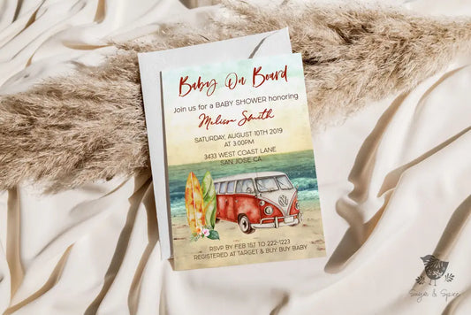 Baby on Board Red Surf Baby Shower Invitation - Premium  from Sugar and Spice Invitations - Just $1.95! Shop now at Sugar and Spice Paper